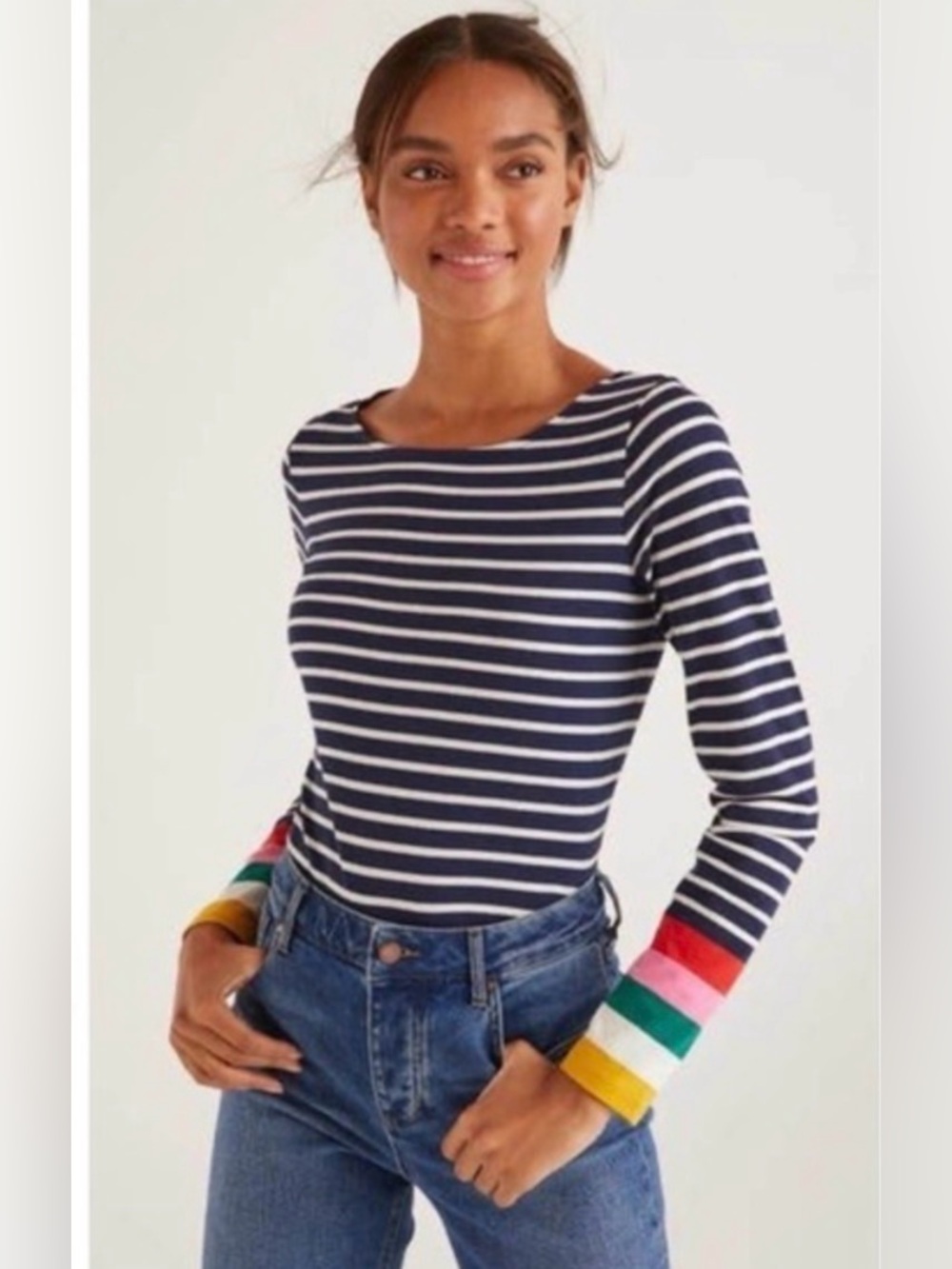 EUC Boden Ella Navy and White Striped Long-Sleeve Top with Rainbow Cuffs